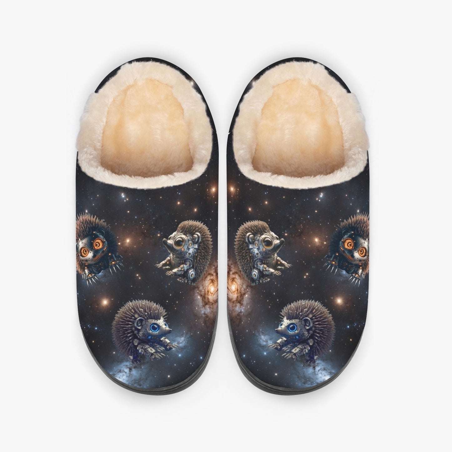 Leuke zachte warme pantoffels. Binnenkant beige fluffy heerlijk aan je voeten. Aan de buitenkant donkerblauw met een afdruk van de galaxy, sterrenhemel, space, ruimte en daarin zwevend robot egels. Superleuk!